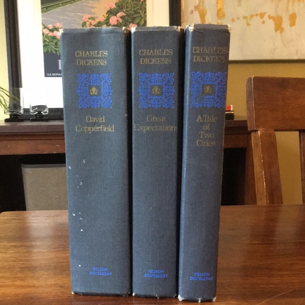 Set of 3 Vintage Charles Dickens, Hardcover Books Navy / Cream Cloth Bindings